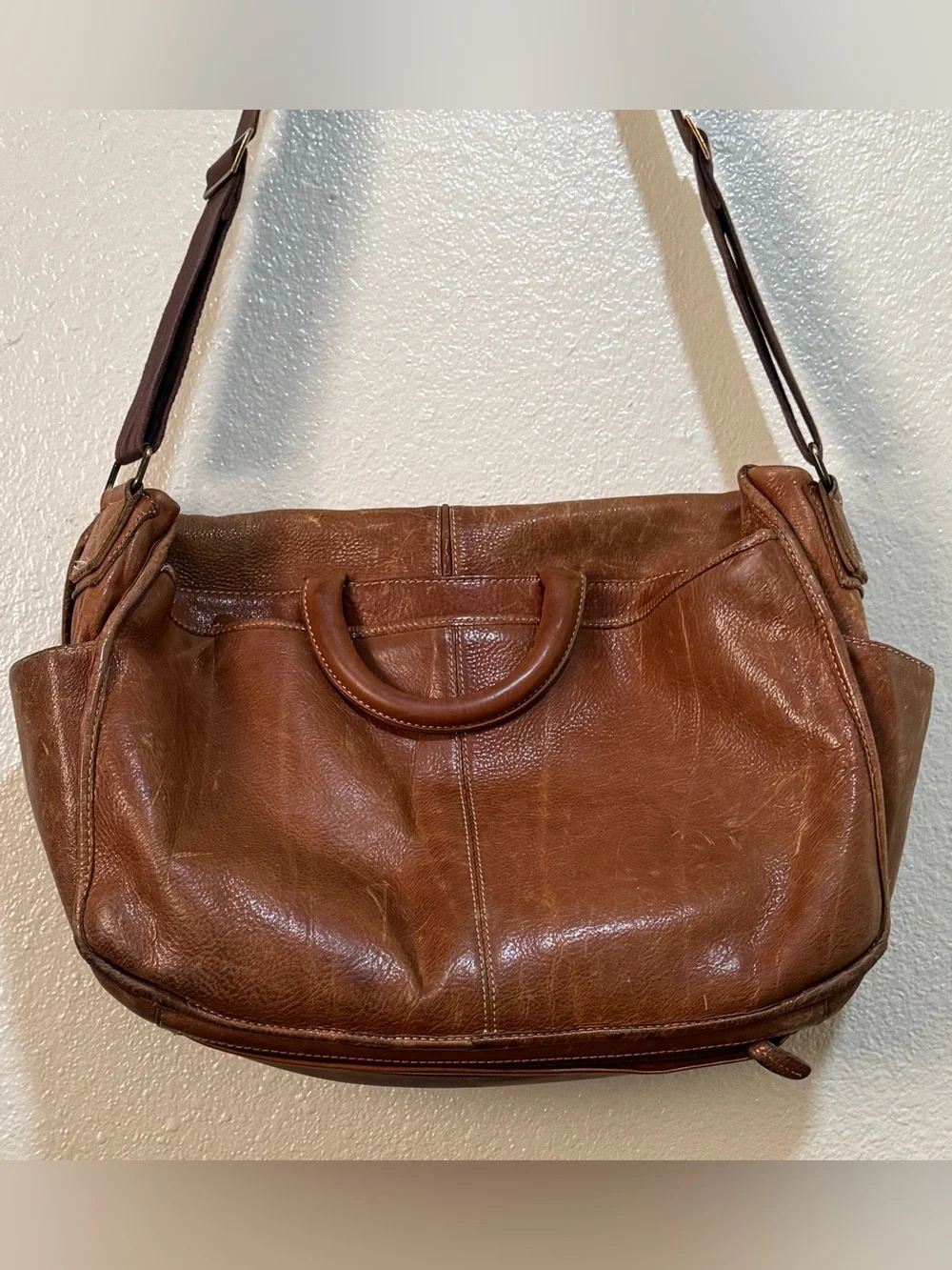Vtg LL Bean Leather Laptop Messenger Briefcase Bag Tan Brown Expandable Preppy